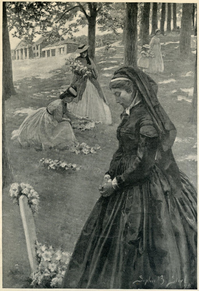 Depiction of Confederate widows decorating and praying at soldiers' graves.