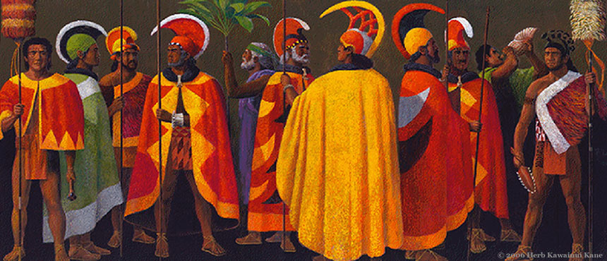 A painting showing a range of Hawaiian tribal chieftans before Kamehameha united the islands as one kingdom.
