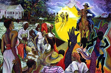 A contemporary painting (artist unknown) depicts the reaction of former slaves to the news of June 19 in Texas.