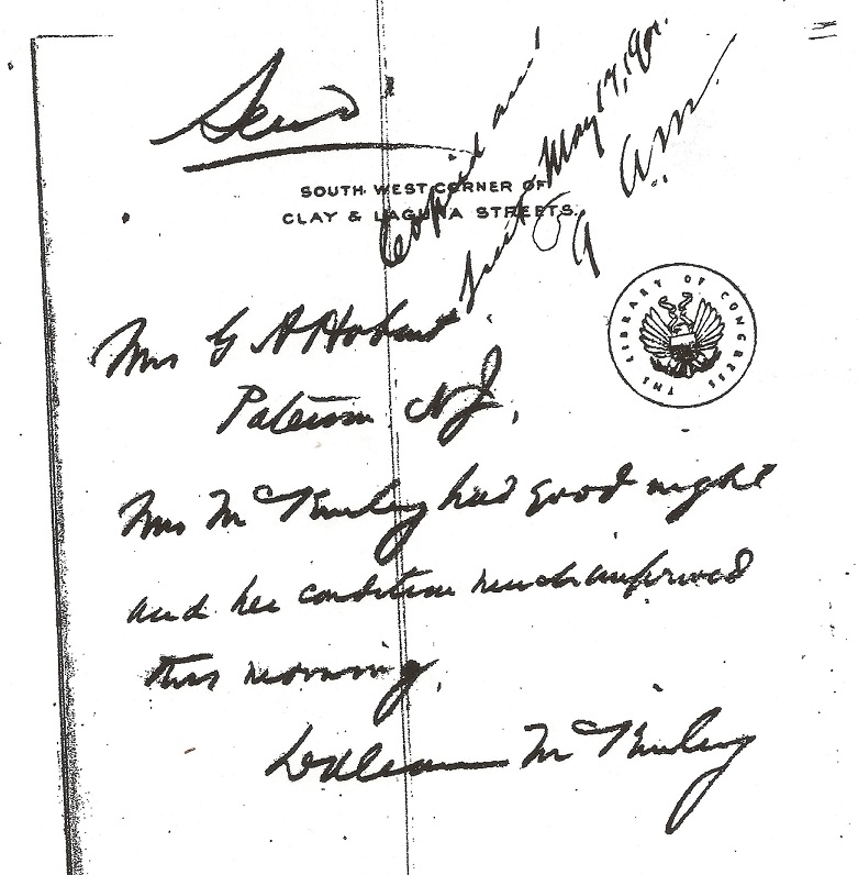 Letter written from San Francisco White House by McKinley.