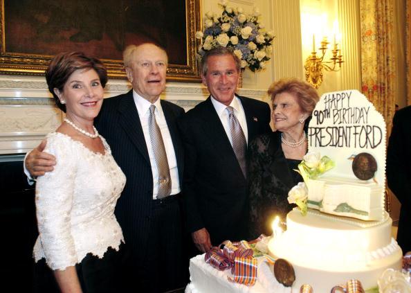 Former President Ford was honored on his 90th birthday in 2003 with a White House party hosted by President George W. Bush and First Lady Laura Bush (Betty Ford at far right). (WBPL)