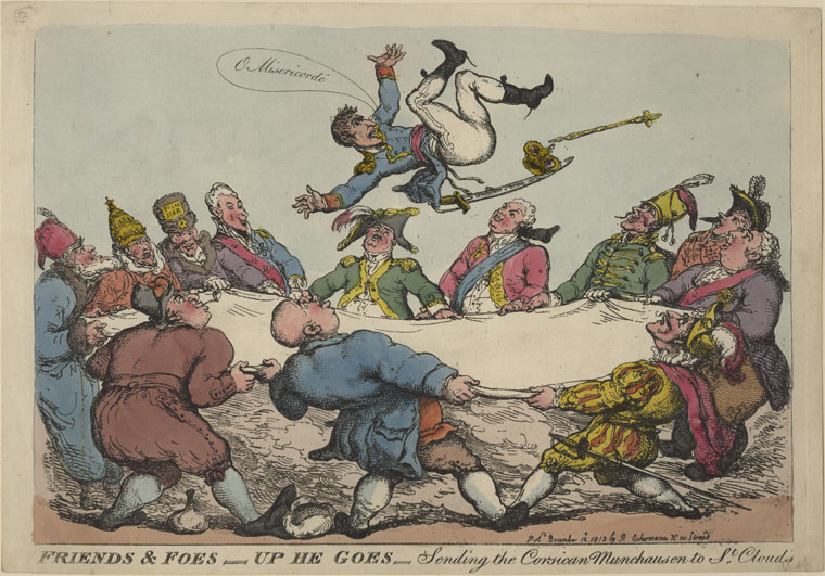 Russia, the Roman Church, Scandanavian nations, the leading principalities of what would become Germany, Austria, England and other nations are shown throwing France's Napoleon in the air. 
