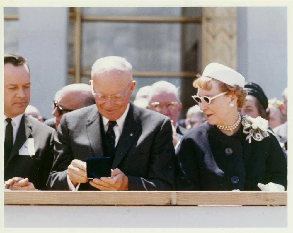 Dwight and Mamie Eisenhower at the 1962 dedication ceremony of his presidential library.