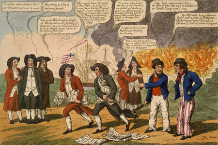 Cartoon showing President James Madison and probably John Armstrong, his secretary of war, both with bundles of papers, fleeing from Washington, with burning buildings behind them.