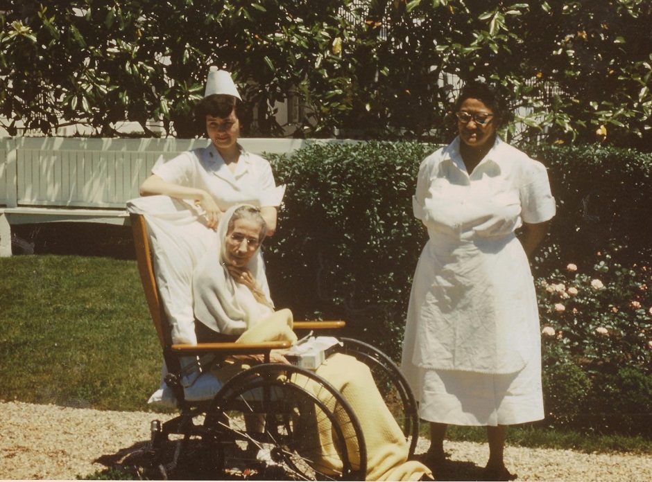 Bess Truman's mother Madge Wallace with her nurses on the White House South Lawn. (Truman Library)