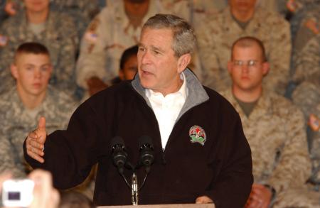 Bush speaks to troops at Bagram Airfield, Afghanistan, 2006.