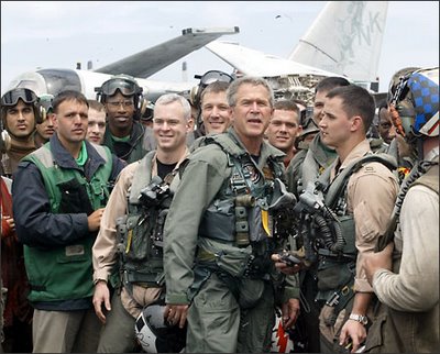 President Bush after landing on an aircraft carrier when he prematurely suggested that it was "mission accomplished" in overthrowing the Saddam Hussein regime in Iraq, 2003. (GWBL)