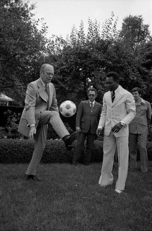 President Gerald Ford proves his soccer prowess to Pele, the famous soccer star of the era.