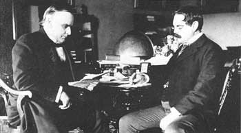 McKinley worked incessantly through the nights, seen here in his Cabinet Room with an aide, and used a drink with cocaine as an ingredient to get him through many nights without sleep. (LC)