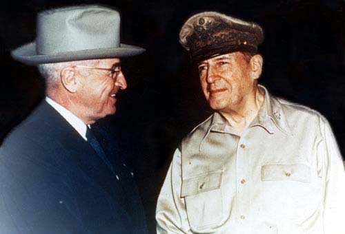 Truman and General MacArthur; placed in charge of the UN forces aiding South Korea, MacArthur was fired by Truman when he defied orders.