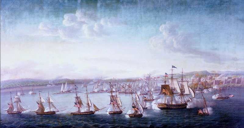 The U.S. naval squadron fighting Tripoli gunboats during the Barbary War in 1804. (Annapolis Naval Academy)