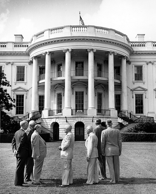truman looks at his balcony in 1949 with the committee to renovate the white house