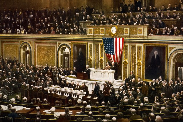 Wilson delivers his war declaration to Congress in April of 1917.