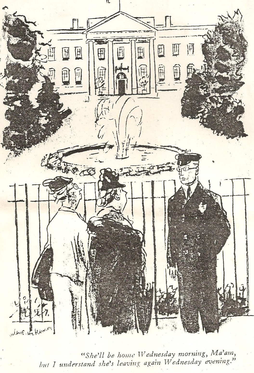 Another cartoon referencing the fact that Eleanor Roosevelt was rarely in residence at the White House.