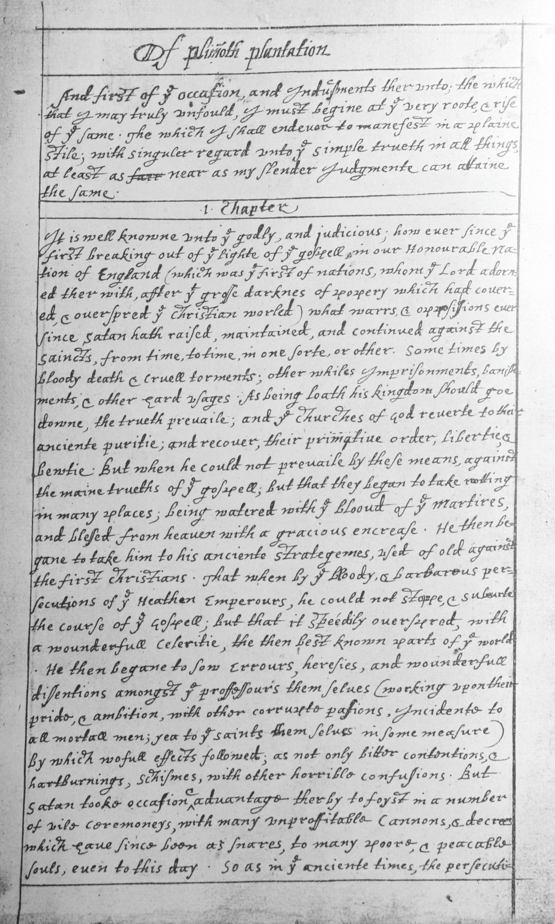 The first page of William Bradford's journal; it was his memoirs which confirmed turkey being served at the first Thanksgiving.