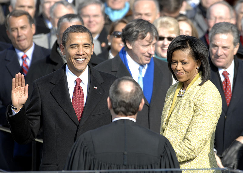 Barack Obama takes the oath of office as the first person of African and Euopean ancestry to become President of the United States, January 20, 2009.