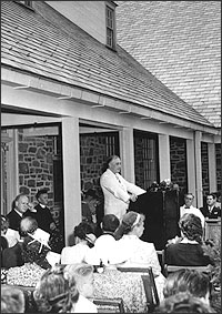 As incumbent President, Franklin D. Roosevelt speaks at the ceremony in which he gave his privately-created library and museum to the government, 1941.