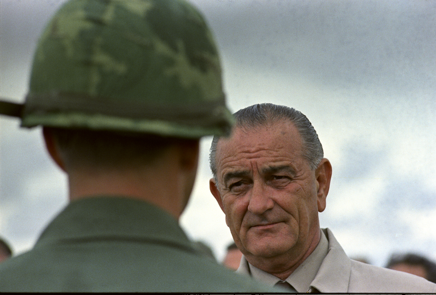 President Johnson engaging a soldier.
